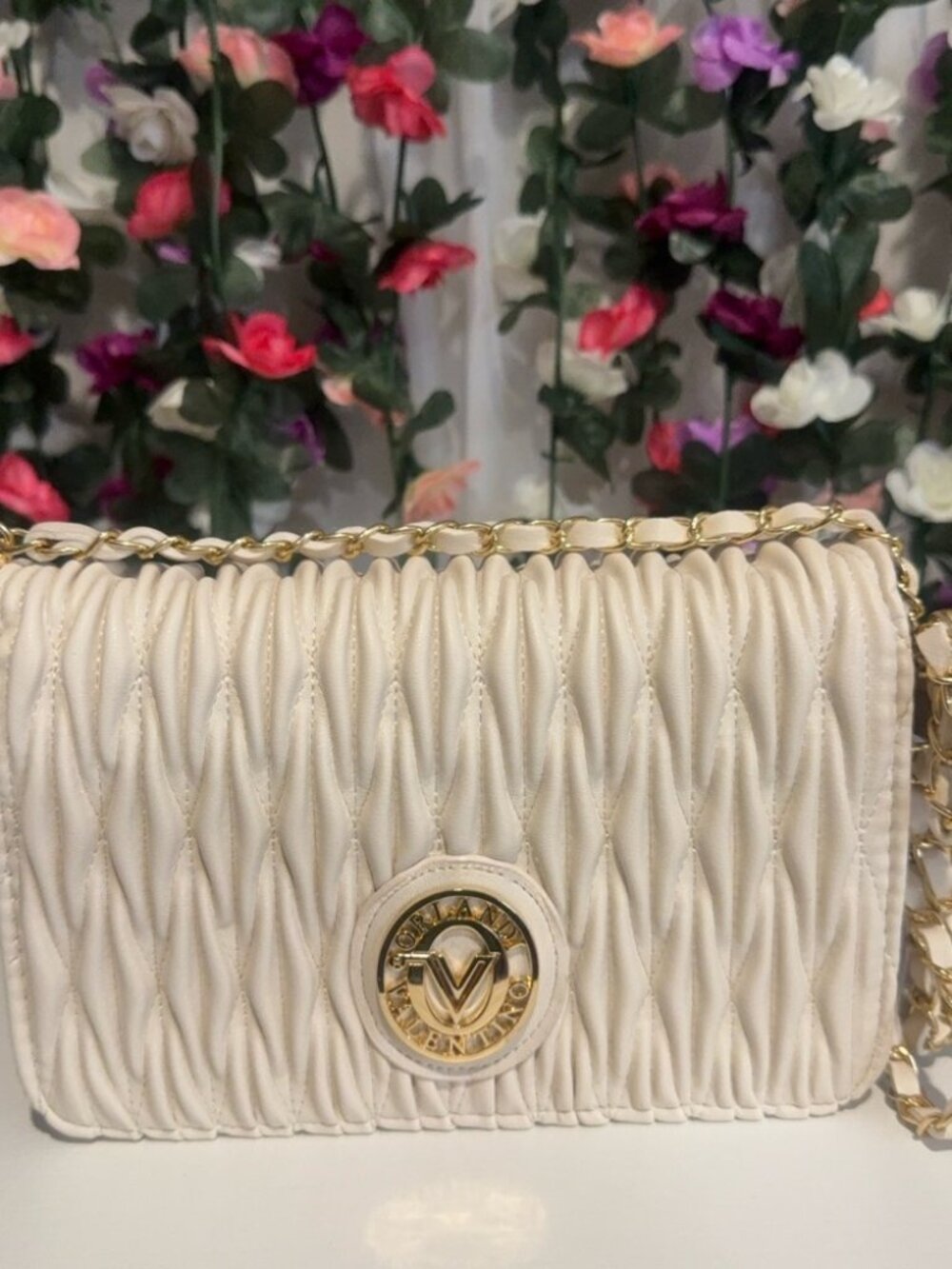 Valentino Orlandi Cream Wavy Quilted Chain Crossbody Gold Logo NWT